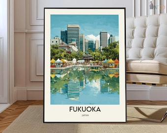 May include: A framed art print of Fukuoka, Japan, featuring a colorful illustration of a city scene with buildings, a lake, and market stalls. The artwork has a blue and green color palette, with the city name and country at the bottom.
