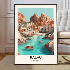 May include: Framed art print depicting a coastal scene with turquoise water, boats, and buildings set amongst rocky cliffs. The print has the word "PALAU" and "OCEANIA" at the bottom.