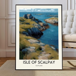 May include: Framed art print of the Isle of Scalpay, Scotland. The artwork depicts a small stone building on a grassy cliff overlooking the ocean. The print has a black frame and the text "Isle of Scalpay Scotland" at the bottom.