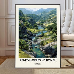 May include: A framed print of a scenic landscape featuring a river winding through a valley. The artwork showcases lush greenery, rocky cliffs, and distant mountains under a bright sky. The text "PENEDA-GERÊS NATIONAL PORTUGAL" is at the bottom.