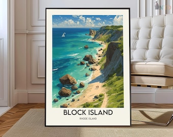 Póster de Block Island, Rhode Island, arte mural costero de Nueva Inglaterra, decoración de viaje para la playa de la isla