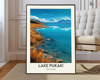 Lake Pukaki Nieuw-Zeeland posterprint, Zuidereiland bergmeer kunst aan de muur, reisdecor cadeau