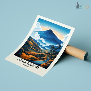 May include: A colorful illustration of a mountain range with a winding road leading through the landscape. The text "JAVA ISLAND INDONESIA" is at the bottom of the image.