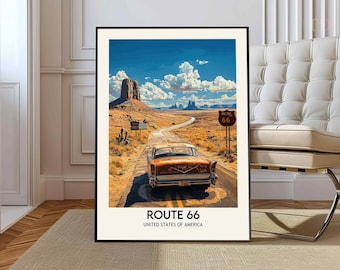 May include: A framed print depicting a classic car driving down Route 66 in the United States of America. The artwork features a vintage car on a desert road, with a sign indicating Route 66. The sky is blue with fluffy white clouds.