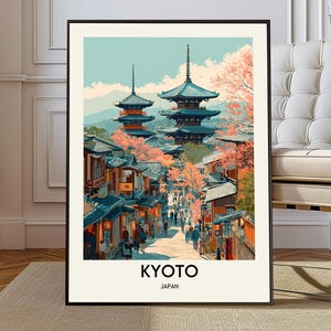 May include: A framed art print featuring a colorful illustration of Kyoto, Japan. The artwork depicts traditional Japanese architecture, pagodas, and cherry blossoms. The word "KYOTO" is printed at the bottom, with "JAPAN" below it.