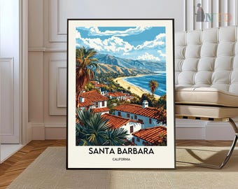 May include: A vintage-style illustration of Santa Barbara, California. The image features a colorful depiction of a coastal town with palm trees, houses, and a beach.