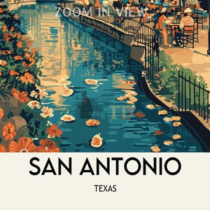 May include: A colorful illustration of a river with flowers and people sitting at tables along the edge. The text "SAN ANTONIO, TEXAS" is at the bottom of the image.