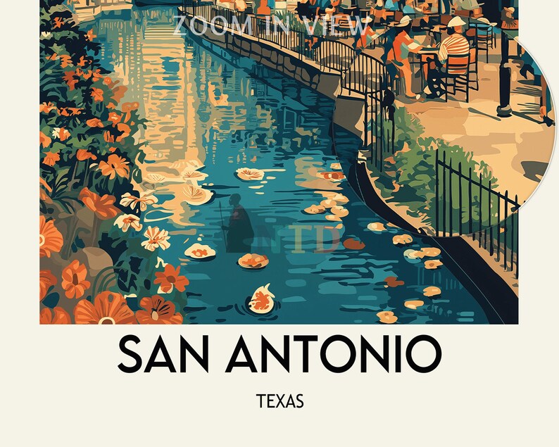 May include: A colorful illustration of a river with flowers and people sitting at tables along the edge. The text "SAN ANTONIO, TEXAS" is at the bottom of the image.