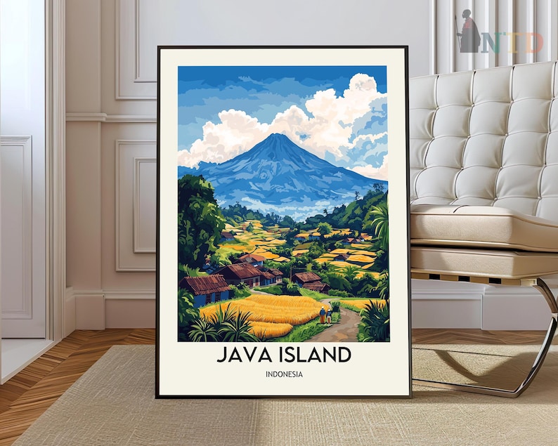 May include: A framed art print of a scenic landscape in Indonesia. The artwork depicts a vibrant mountain range, lush green fields, and traditional houses under a bright blue sky. The text "JAVA ISLAND INDONESIA" is at the bottom.
