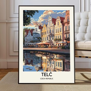 Puede incluir: Impresión artística enmarcada que presenta una colorida ilustración de Telč, República Checa. La obra de arte representa una fila de edificios históricos reflejados en el agua. El cielo está lleno de nubes. El texto "TELČ" y "CZECH REPUBLIC" está en la parte inferior.