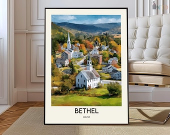 Bethel Maine Poster Print, Mountain Village Illustration, New England Decor