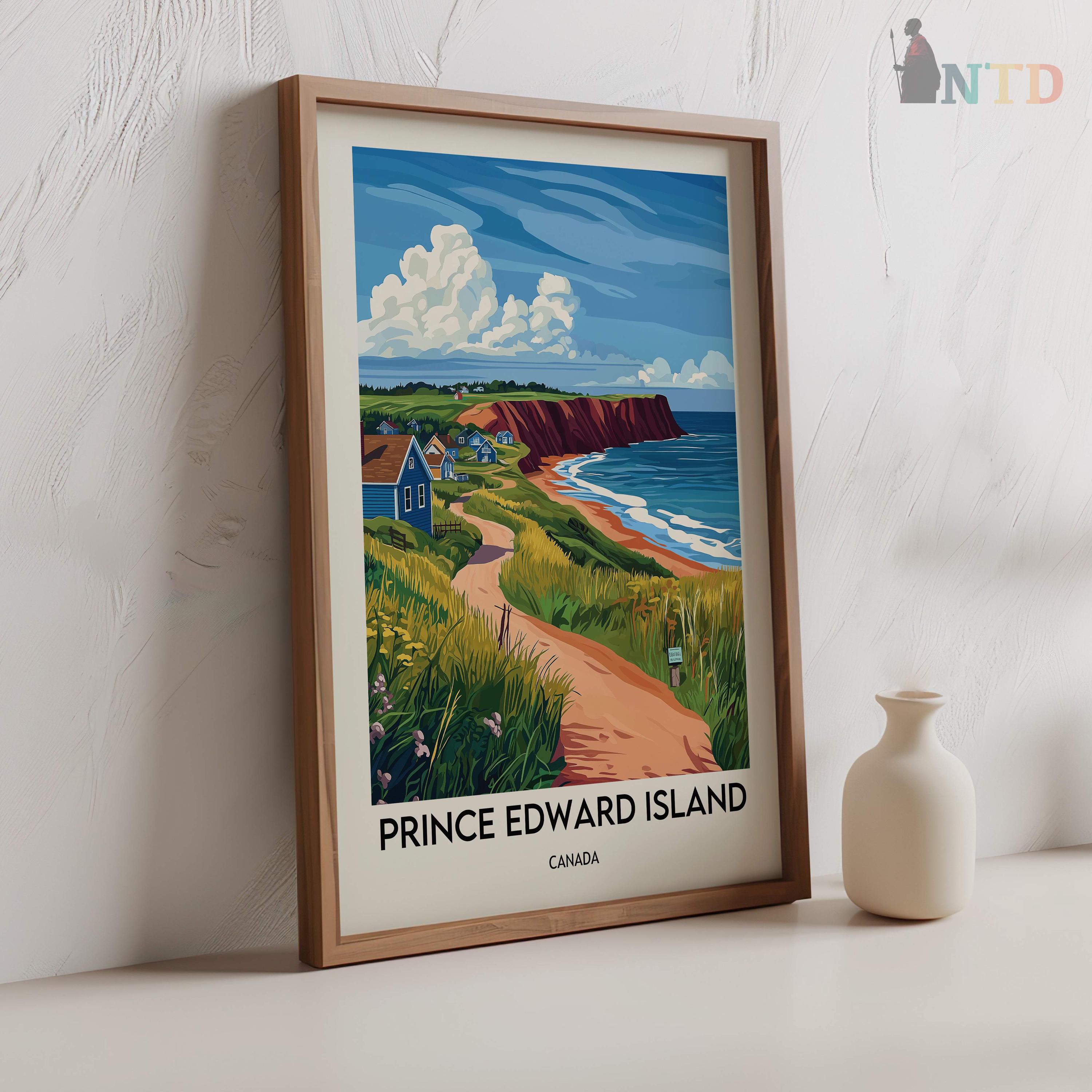 プリンスエドワード島の海辺の灯台の絵画、赤い砂の風景の壁画