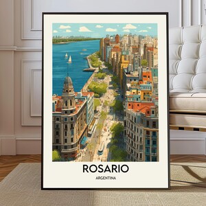 May include: A framed art print of Rosario, Argentina, featuring a colorful cityscape along a river. The print showcases buildings in various colors, a blue river with sailboats, and the city's name and country at the bottom.
