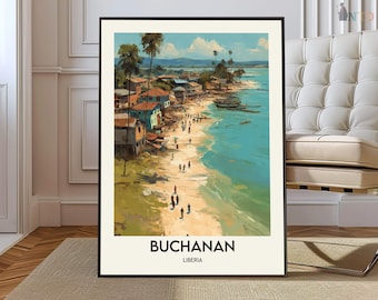 May include: Framed art print of Buchanan, Liberia. The artwork depicts a coastal scene with buildings, palm trees, and people on a beach. The water is turquoise, and the sky is blue with clouds. The print is in a black frame.