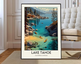 May include: A framed art print of Lake Tahoe, featuring a vibrant landscape with a clear blue lake, yellow kayaks, and snow-capped mountains. The print includes the text "LAKE TAHOE CALIFORNIA & NEVADA" in a bold, sans-serif font.