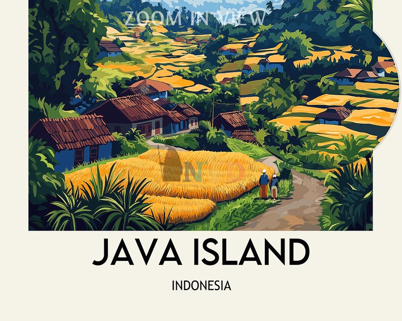 May include: A colorful illustration of Java Island, Indonesia, featuring terraced rice fields and traditional houses with red tile roofs. The image includes the text "ZOOM IN VIEW" at the top and "JAVA ISLAND INDONESIA" at the bottom. Two figures walk along a path.