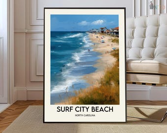 Surf City North Carolina Poster, Topsail Island Coastal Town Wall Art, Atlantic Ocean Beach Illustration