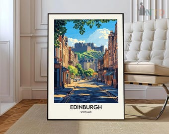 May include: A colorful illustration of a street scene in Edinburgh, Scotland. The image shows a street lined with buildings, with a castle in the distance. The text "EDINBURGH SCOTLAND" is at the bottom of the image.
