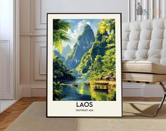 Plakat Laos, Sztuka ścienna Laosu, Wydruk Laosu, Zdjęcie Laosu, Wydruk plakatu Laosu, Plakat podróżniczy Laosu, Prezent Laosu, Rzeka Mekong, Sztuka Laosu, Luang Prabang