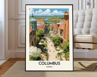 Póster impreso de Columbus, Georgia; Arte mural del paseo fluvial del río Chattahoochee; Mapa decorativo de una ciudad del sur; Río Chattahoochee; Mapa del oeste de Columbus, Georgia
