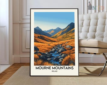 May include: A vintage-style poster featuring a scenic view of the Mourne Mountains in Ireland. The poster has a blue sky, green hills, and a winding stream. The text "Mourne Mountains" and "Ireland" is printed in black at the bottom of the poster.