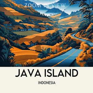 May include: A colorful illustration of a winding road through a lush green valley with rice paddies and houses. The text "JAVA ISLAND" and "INDONESIA" are at the bottom of the image.