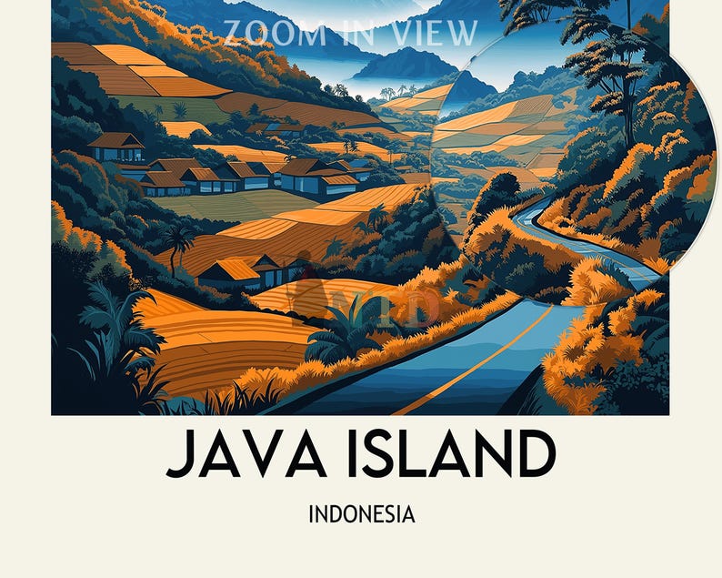 May include: A colorful illustration of a winding road through a lush green valley with rice paddies and houses. The text "JAVA ISLAND" and "INDONESIA" are at the bottom of the image.
