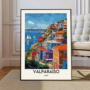 Cartaz de viagem para impressão em Valparaíso - Cartaz de viagem no Chile - Pintura de paisagem urbana - Impressão de arte de parede digital - Decoração para casa em Valparaíso - Ilustração do Chile