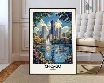 May include: A vintage-style poster featuring a colorful illustration of the Chicago skyline with the text "CHICAGO ILLINOIS" at the bottom.