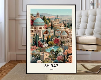 May include: A framed art print of Shiraz, Iran, featuring a detailed illustration of a city with turquoise-domed buildings, lush gardens, and a central water feature. The artwork is set against a backdrop of rolling hills and a clear sky, with the city's name and country at the bottom.