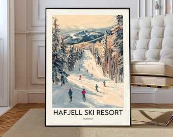 Hafjell Ski Resort Norway Poster, Lillehammer Alpine Winter Ski Wall Art, Scenic Norwegian Mountain Illustration
