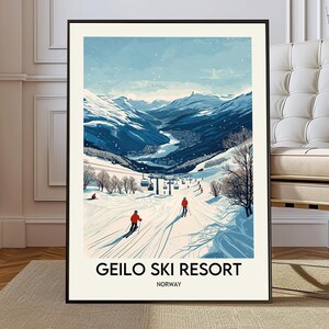 Geilo Ski Resort Norway Poster, Hallingdal Alpine Winter Ski Wall Art, Scenic Norwegian Mountain Landscape Illustration