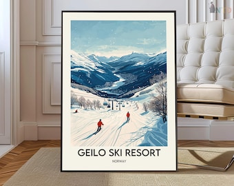 Geilo Ski Resort Norway Poster, Hallingdal Alpine Winter Ski Wall Art, Scenic Norwegian Mountain Landscape Illustration