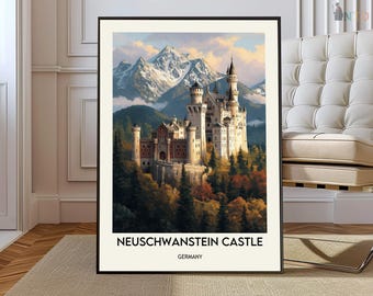 Neuschwanstein Castle Germany Poster Print, Bavarian Alpine Fairy-Tale Castle Wall Art, Scenic Schwangau Map Decor, Travel Illustration Gift