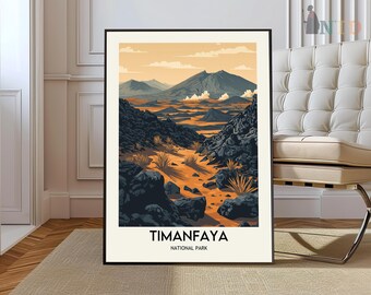 May include: A framed art print showcasing a stylized landscape of Timanfaya National Park. The artwork presents a volcanic scene with dark rock formations, orange sand, and distant mountains under a warm, orange sky. The text "TIMANFAYA NATIONAL PARK" is at the bottom.
