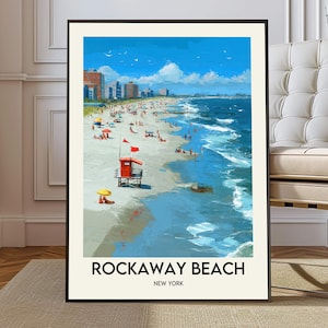 Rockaway Beach New York Poster Print, NYC Coastal Wall Art, Queens Shore Map Decor, Beach Travel Illustration Gift, Queens New York City