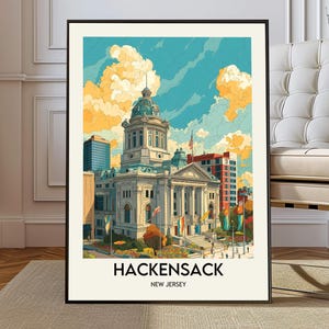 Può includere: Una stampa artistica incorniciata con un'illustrazione stilizzata del Bergen County Courthouse a Hackensack, New Jersey. L'immagine mostra l'edificio neoclassico con una cupola centrale sotto un cielo blu con nuvole gialle. Testo HACKENSACK NEW JERSEY.