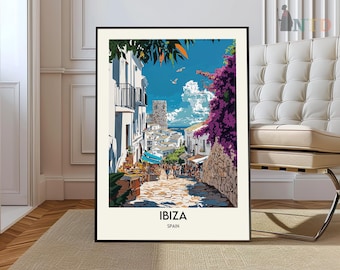 May include: A colourful illustration of a street scene in Ibiza, Spain. The image features a narrow street lined with white buildings, a vibrant purple flower bush, and a blue sky with white clouds. The text "IBIZA" and "SPAIN" is printed at the bottom of the image.