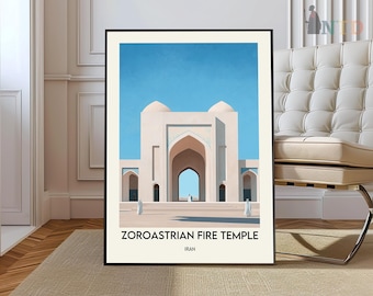 May include: A framed art print featuring a minimalist illustration of the Zoroastrian Fire Temple in Iran. The artwork depicts a beige building with a large archway against a clear blue sky. The text "ZOROASTRIAN FIRE TEMPLE IRAN" is printed at the bottom.