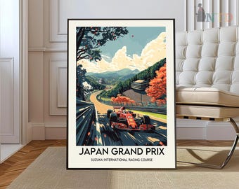 May include: A vintage-style poster featuring a red race car speeding around a track with a scenic background of mountains and trees. The poster is titled "Japan Grand Prix" and includes the text "Suzuka International Racing Course".