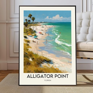 Puede incluir: Una impresión artística enmarcada de Alligator Point, Florida. La obra de arte representa una escena de playa vibrante con agua turquesa, arena blanca y gente disfrutando del sol. Palmeras y sombrillas coloridas salpican la costa bajo un cielo azul.