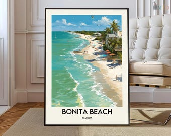Peut inclure: Une affiche encadrée de Bonita Beach, en Floride, représentant une scène de plage vibrante. L'œuvre d'art montre des vagues turquoise, une plage de sable, des palmiers et des bâtiments sous un ciel bleu clair. Le texte "BONITA BEACH FLORIDA" est affiché en bas.