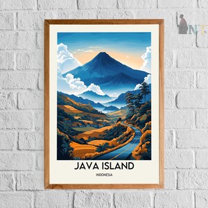 May include: A vintage-style poster with a blue and green illustration of a mountain range and a winding road. The text "JAVA ISLAND INDONESIA" is at the bottom of the poster.