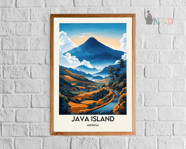 May include: A vintage-style poster with a blue and green illustration of a mountain range and a winding road. The text "JAVA ISLAND INDONESIA" is at the bottom of the poster.