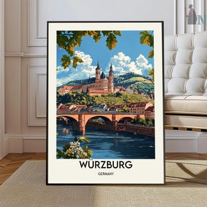 May include: A vintage travel poster featuring a colorful illustration of a cityscape with a bridge and a church in Würzburg, Germany. The text "WÜRZBURG GERMANY" is printed at the bottom of the poster.
