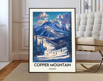 May include: A vintage-style poster featuring a scenic view of Copper Mountain, Colorado. The poster depicts a snowy mountain landscape with ski lifts and skiers. The text "Copper Mountain, Colorado" is printed at the bottom of the poster.