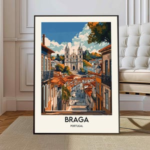 May include: A colorful illustration of a cityscape in Braga, Portugal. The image features a church with two towers and a street lined with buildings. The text "BRAGA PORTUGAL" is at the bottom of the image.