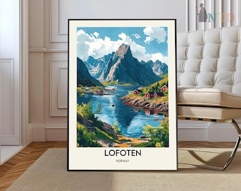 May include: A framed poster with a scenic view of Lofoten, Norway. The poster features a blue lake surrounded by mountains and red houses. The text "Lofoten, Norway" is printed at the bottom of the poster.