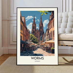 Könnte beinhalten: Ein gerahmter Kunstdruck mit einer Illustration von Worms, Deutschland. Das Kunstwerk zeigt eine Straßenszene mit einer Kathedrale, Cafés und farbenfrohen Gebäuden unter blauem Himmel. Die Wörter "WORMS" und "GERMANY" sind unten aufgedruckt.