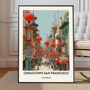 Cartel de Chinatown, San Francisco, Arte mural cultural de Dragon Gate, Ilustración de paisaje urbano vibrante
